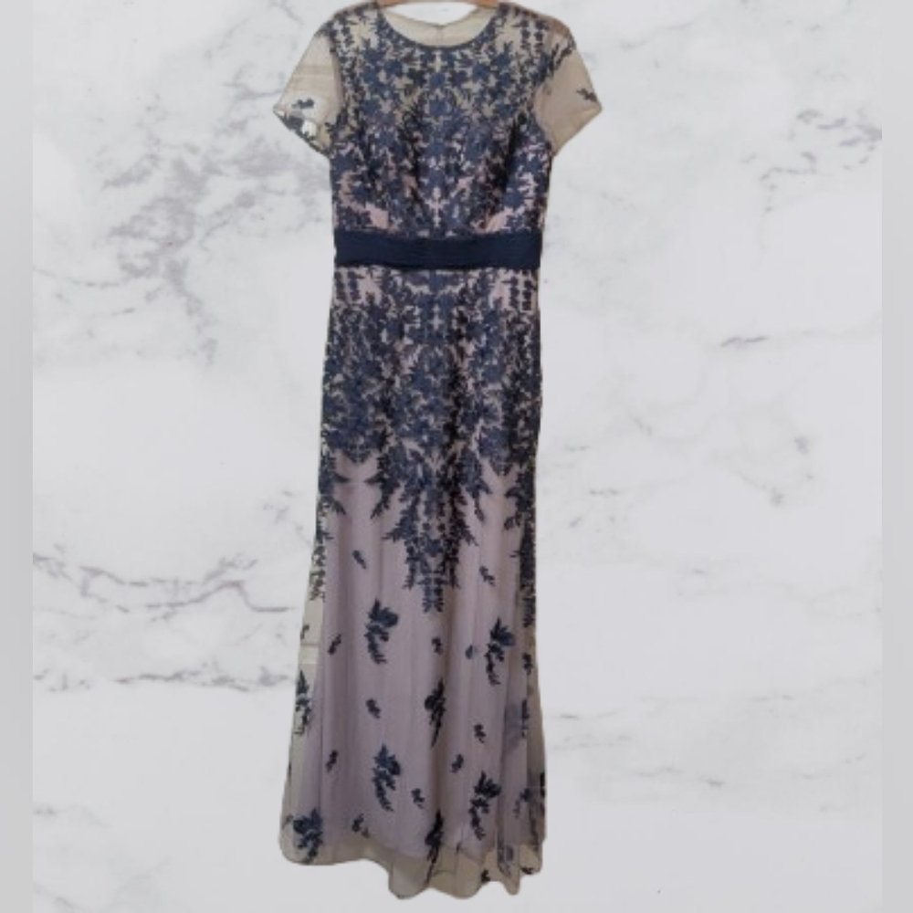 JS Collections Blush Pink and Navy Embroidered Lace Evening Gown - Picture 4 of 10